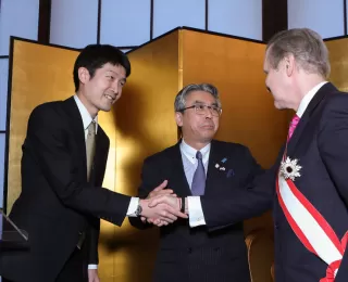 Secretary William Cohen received the Grand Cordon of the Order of the Rising Sun from the Government of Japan. He was presented with the Order by H.E. Ambassador Shinsuke Sugiyama from Japan, and remarks were provided by Taku Nemoto.