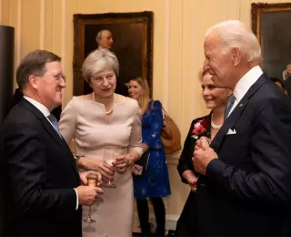 Lord George Robertson meets with former British Prime Minister Theresa May, former Vice President Joe Biden, and Mrs. Cindy McCain during an event for the McCain Institute in London, UK.