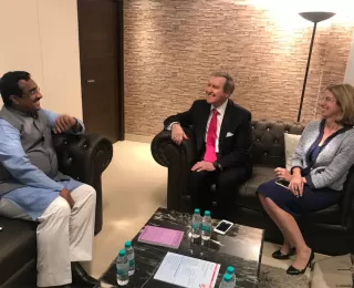 Secretary Bill Cohen and Ingrid Henick met with Ram Madhav, General Secretary of the BJP, during a recent trip to New Delhi, India.