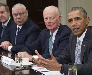 Secretary William Cohen attends a meeting on the Trans-Pacific Partnership Agreement with President Barack Obama, former Secretary of State James Baker, former Secretary of State Colin Powell, and other former cabinet officials.