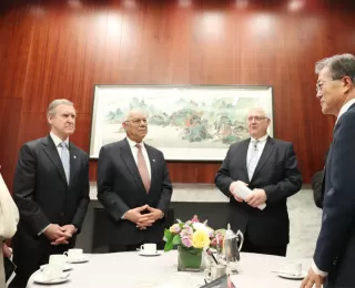 Secretary Bill Cohen met with President Moon of South Korea during his first visit to Washington, DC, along with former Secretary Colin Powell, former Secretary Madeleine Albright and CSIS Chairman Dr. John Hamre.